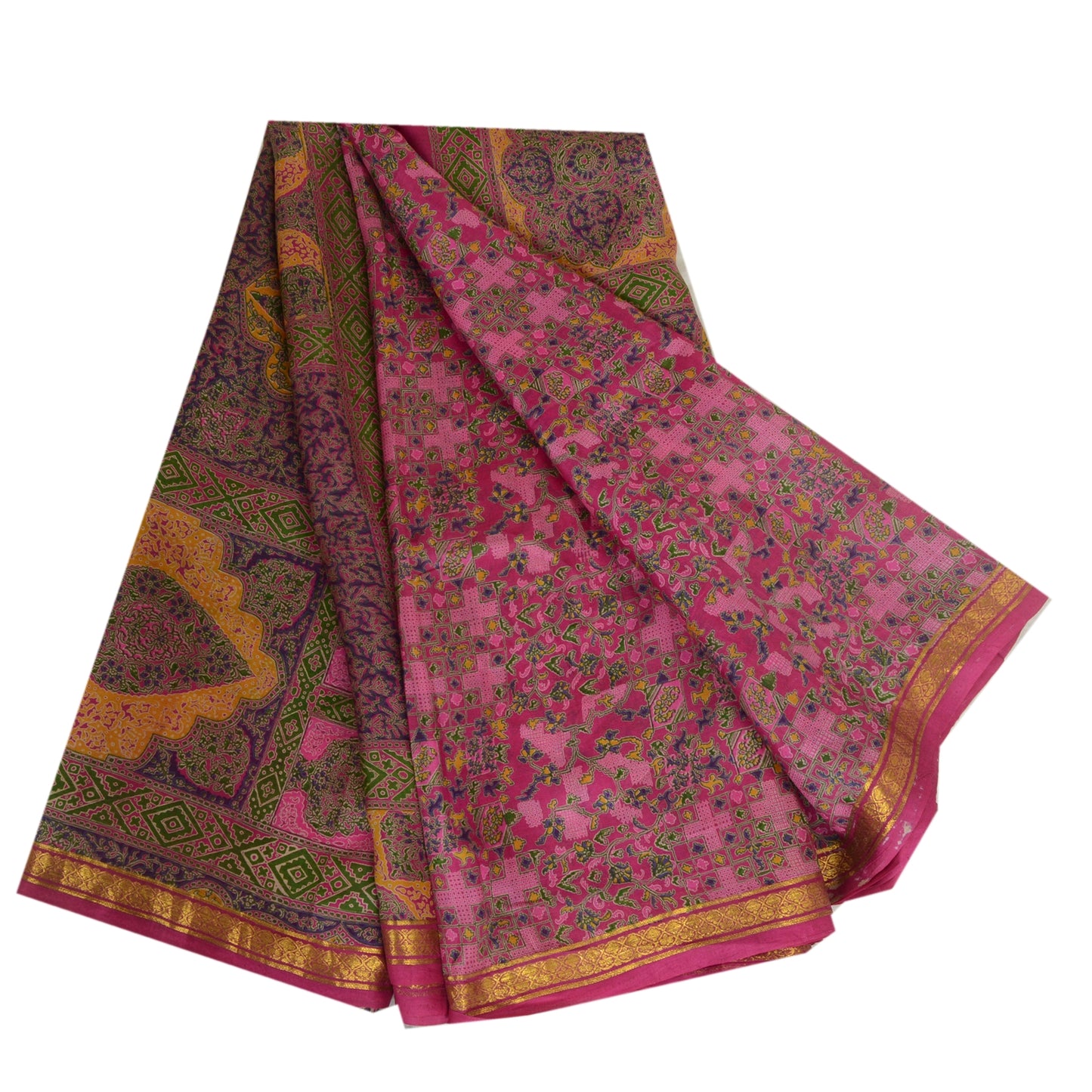 Sanskriti Vintage Sarees Pink Zari Border Pure Silk Printed Sari Craft Sustainable Fabric