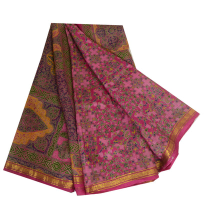 Sanskriti Vintage Sarees Pink Zari Border Pure Silk Printed Sari Craft Sustainable Fabric