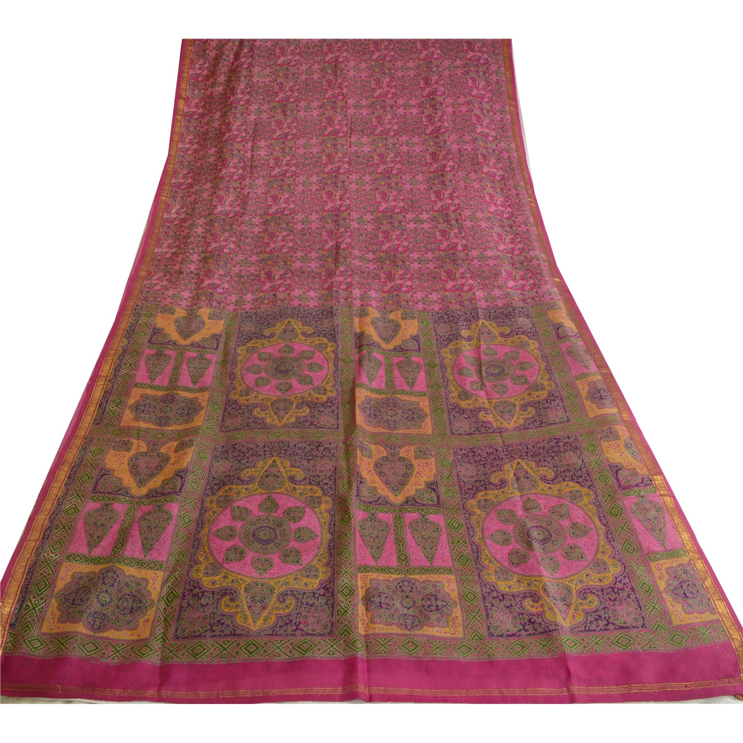 Sanskriti Vintage Sarees Pink Zari Border Pure Silk Printed Sari Craft Sustainable Fabric