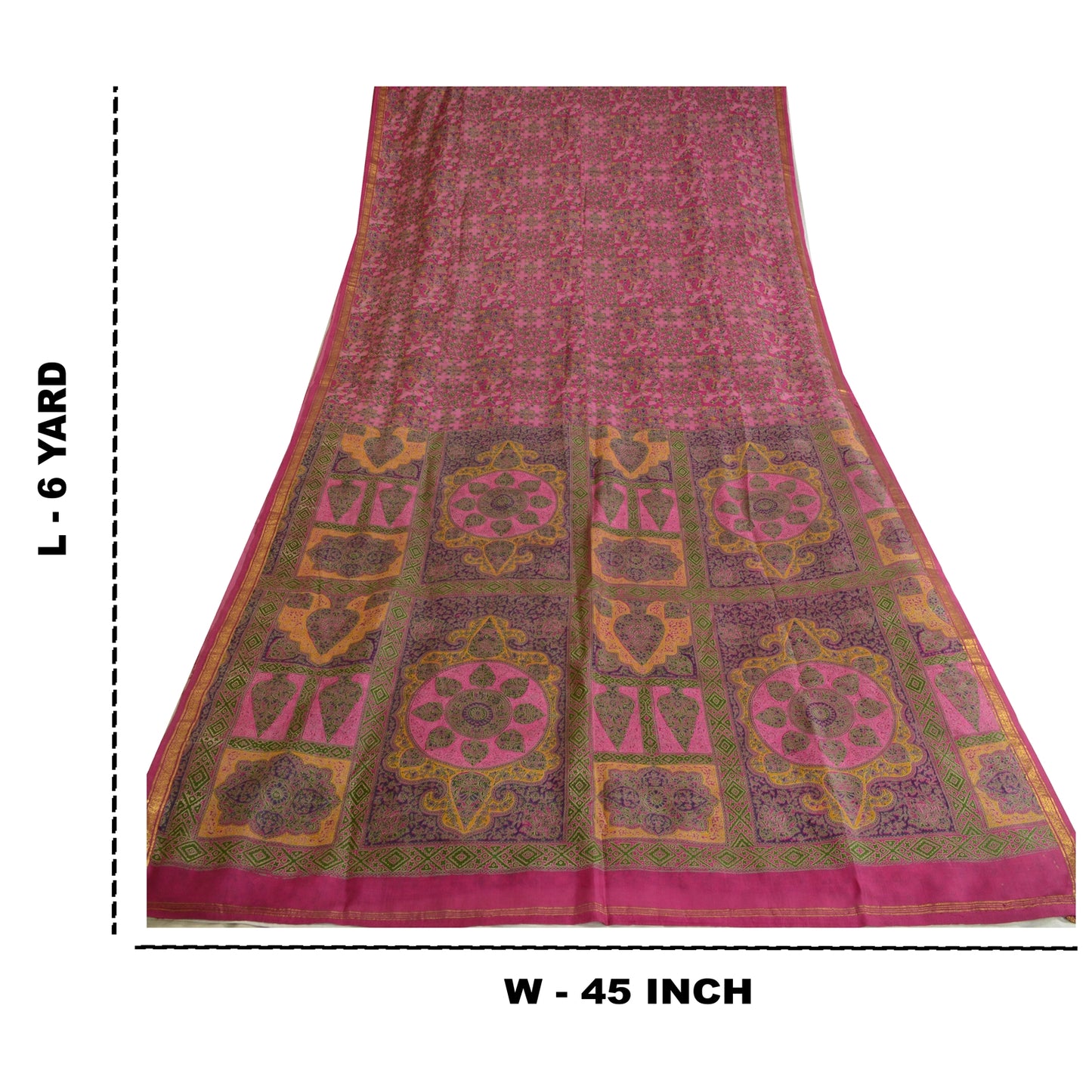 Sanskriti Vintage Sarees Pink Zari Border Pure Silk Printed Sari Craft Sustainable Fabric