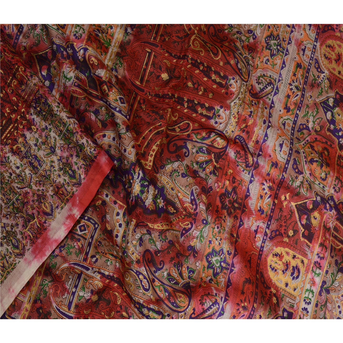 Sanskriti Vintage Sarees Red/ivory Tie-Dye Pure Silk Printed Sari Craft Sustainable Fabric