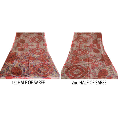 Sanskriti Vintage Sarees Red/ivory Tie-Dye Pure Silk Printed Sari Craft Sustainable Fabric