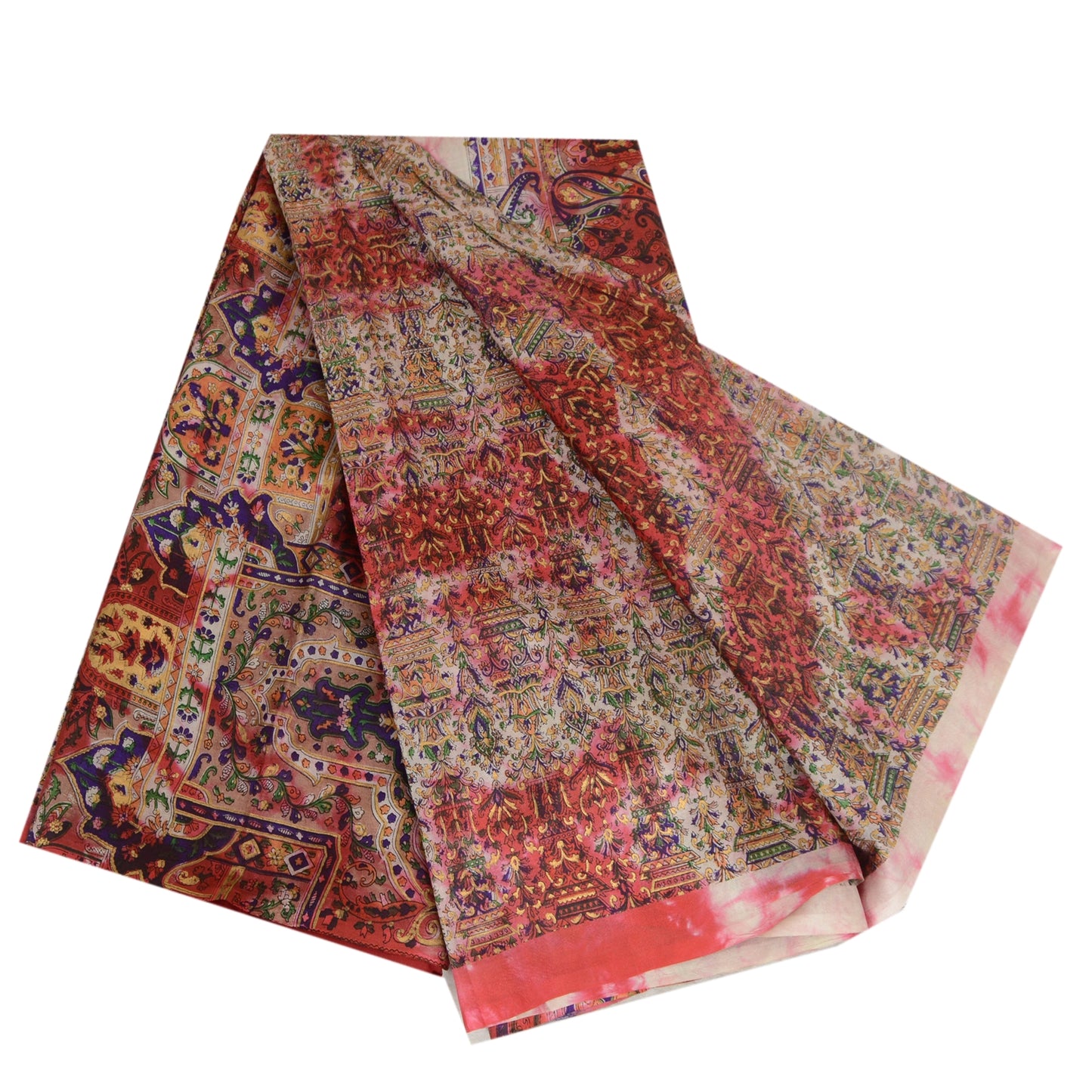 Sanskriti Vintage Sarees Red/ivory Tie-Dye Pure Silk Printed Sari Craft Sustainable Fabric