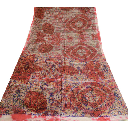 Sanskriti Vintage Sarees Red/ivory Tie-Dye Pure Silk Printed Sari Craft Sustainable Fabric