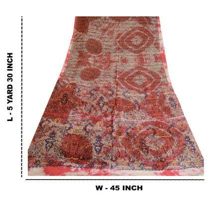 Sanskriti Vintage Sarees Red/ivory Tie-Dye Pure Silk Printed Sari Craft Sustainable Fabric