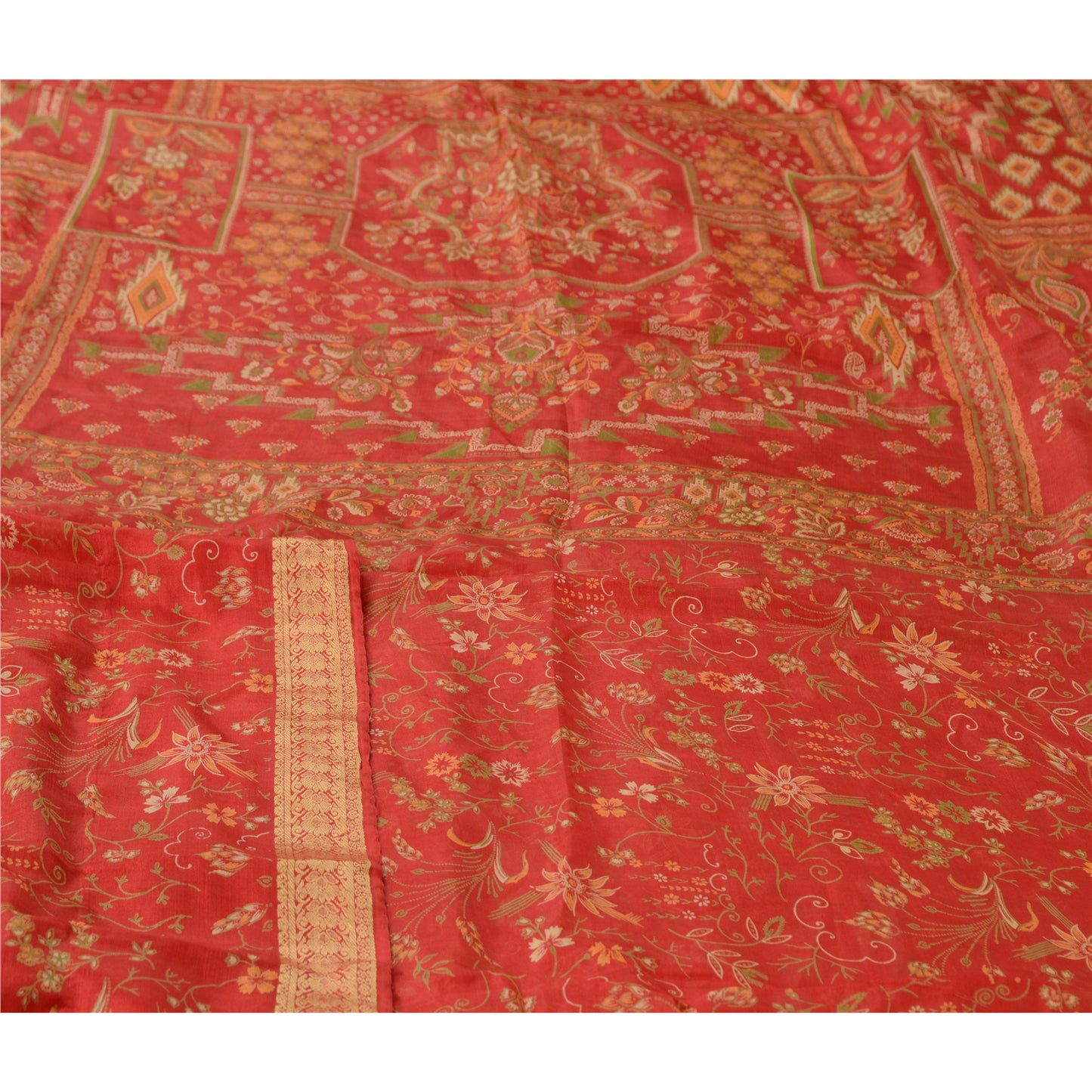 Sanskriti Vintage Sarees Red Woven Border Pure Silk Printed Sari Craft Sustainable Fabric