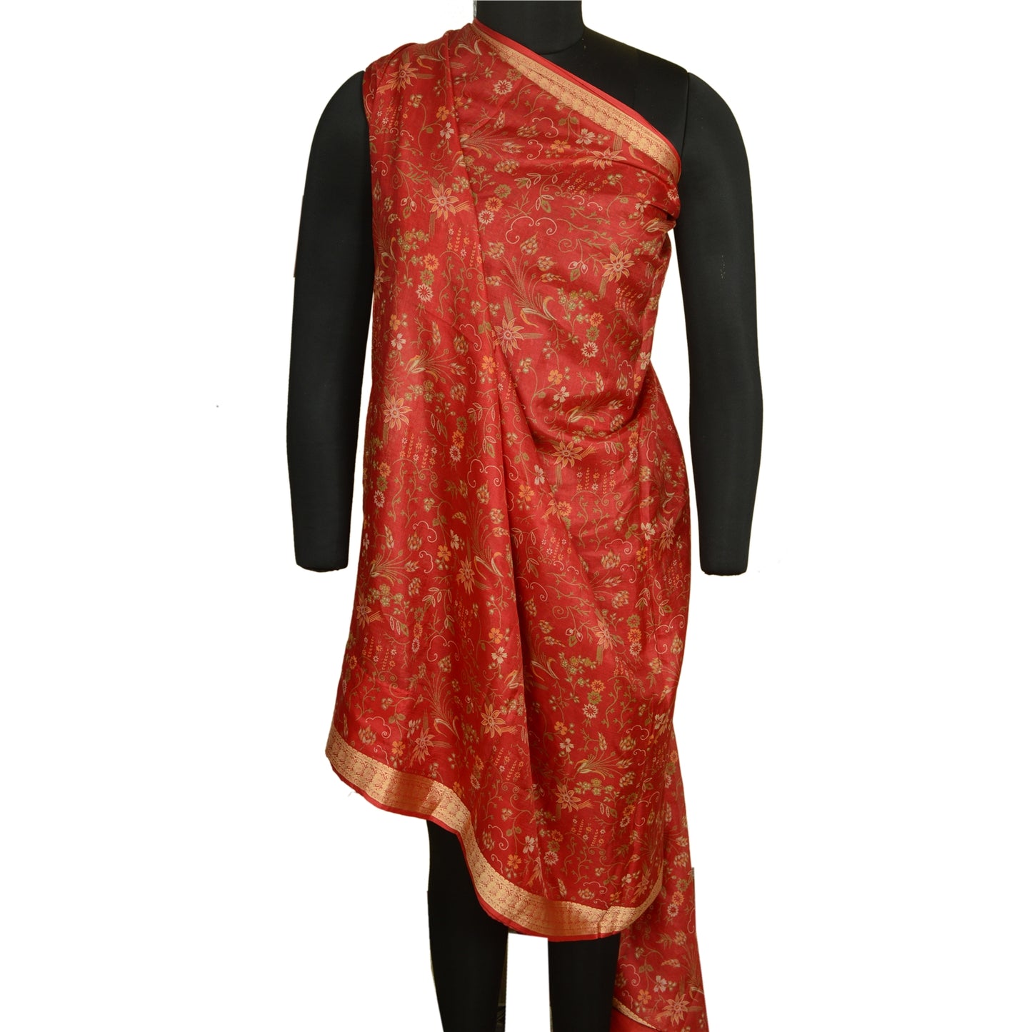 Sanskriti Vintage Sarees Red Woven Border Pure Silk Printed Sari Craft Sustainable Fabric