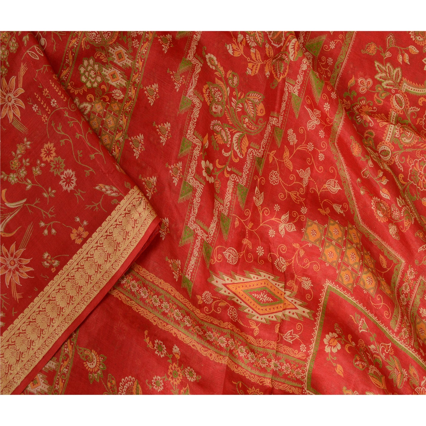 Sanskriti Vintage Sarees Red Woven Border Pure Silk Printed Sari Craft Sustainable Fabric