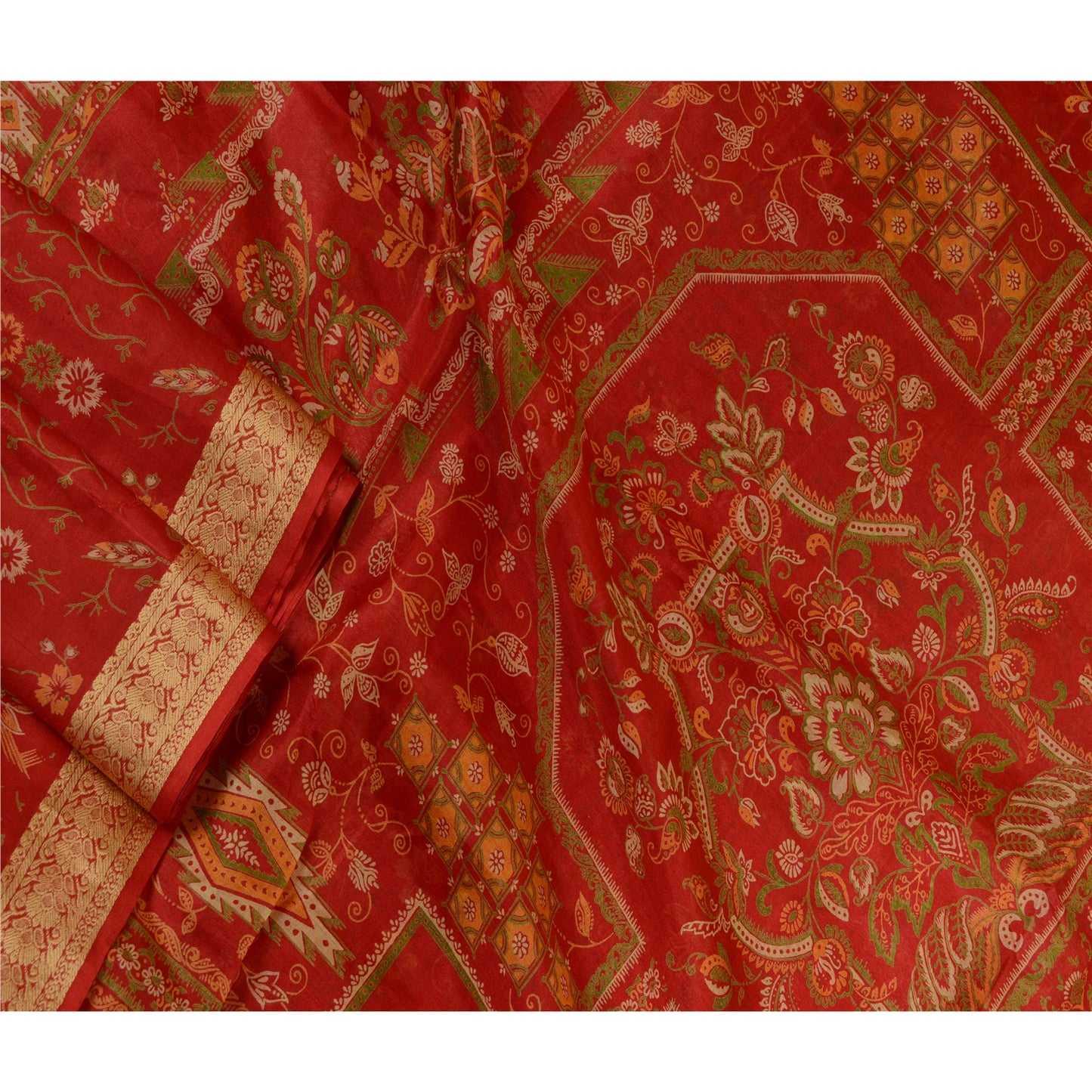 Sanskriti Vintage Sarees Red Woven Border Pure Silk Printed Sari Craft Sustainable Fabric