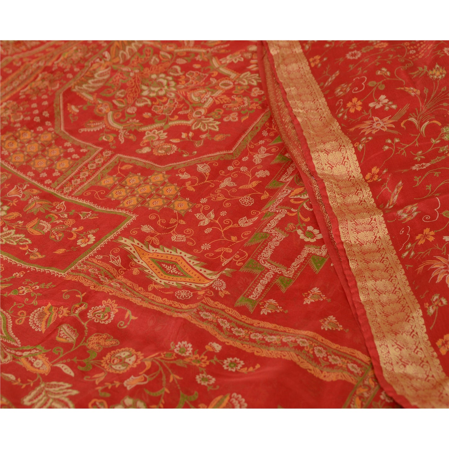 Sanskriti Vintage Sarees Red Woven Border Pure Silk Printed Sari Craft Sustainable Fabric