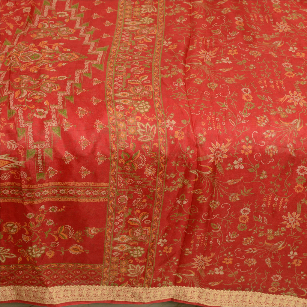 Sanskriti Vintage Sarees Red Woven Border Pure Silk Printed Sari Craft Sustainable Fabric