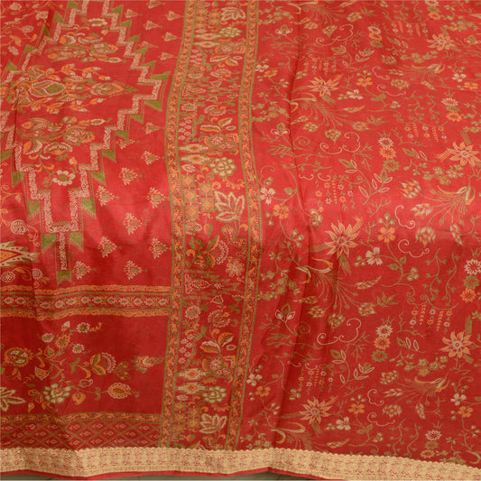 Sanskriti Vintage Sarees Red Woven Border Pure Silk Printed Sari Craft Sustainable Fabric