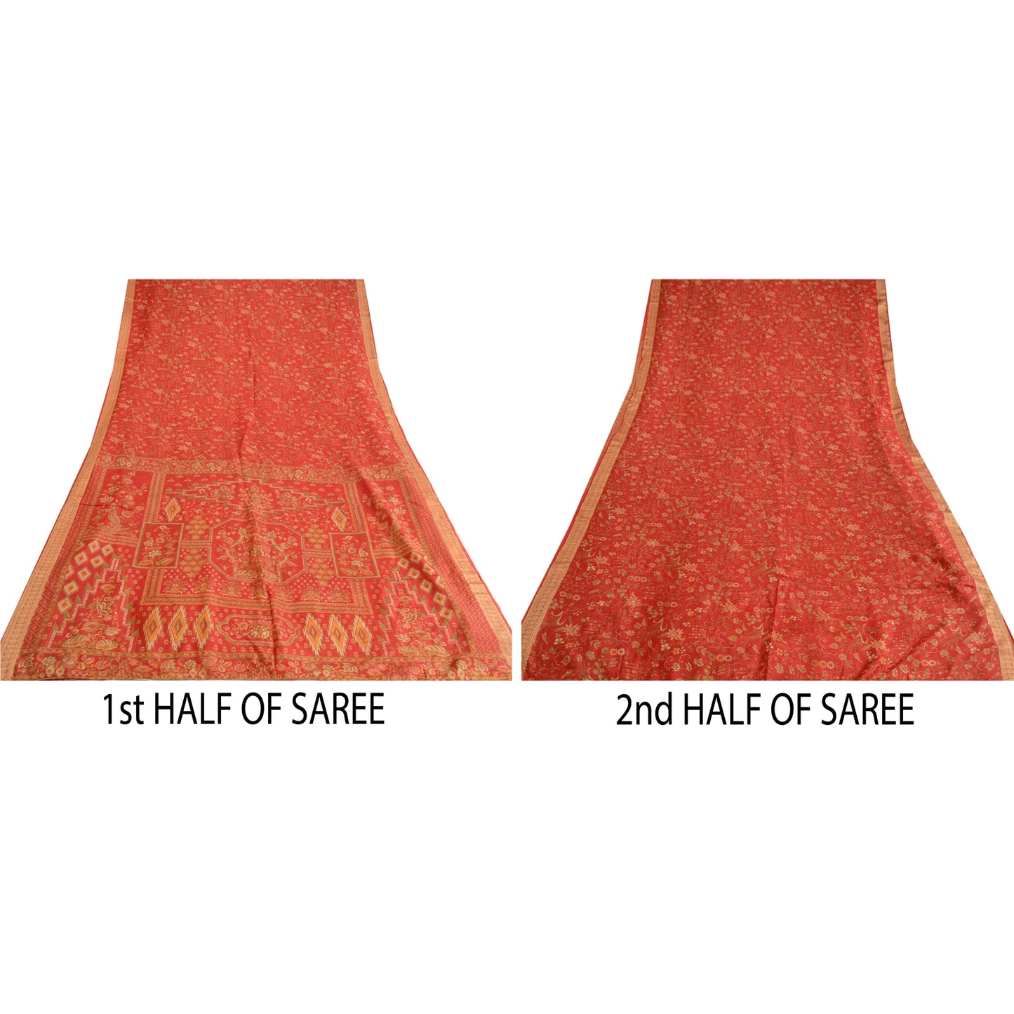 Sanskriti Vintage Sarees Red Woven Border Pure Silk Printed Sari Craft Sustainable Fabric