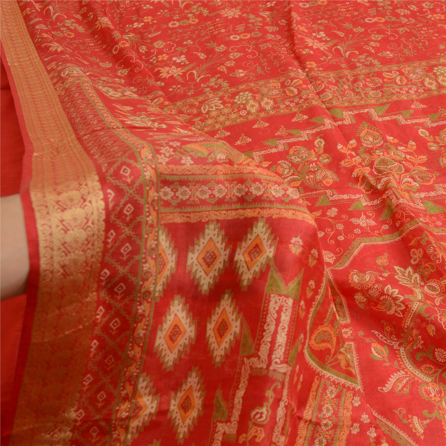 Sanskriti Vintage Sarees Red Woven Border Pure Silk Printed Sari Craft Sustainable Fabric