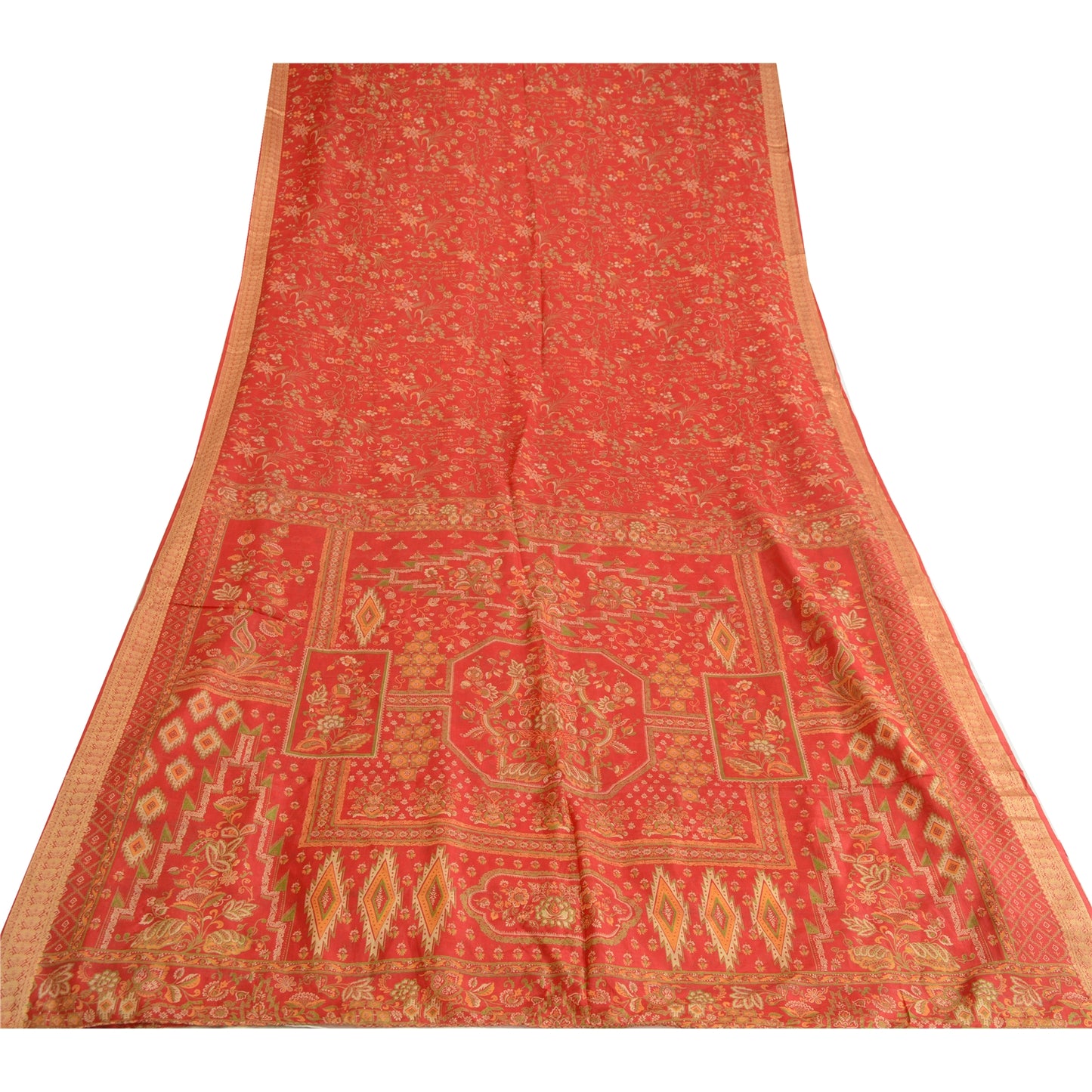 Sanskriti Vintage Sarees Red Woven Border Pure Silk Printed Sari Craft Sustainable Fabric