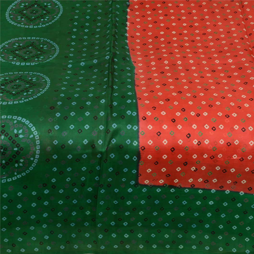Sanskriti Vintage Sarees Orange/Green Bandhani Print Pure Silk Sari Deco Fabric