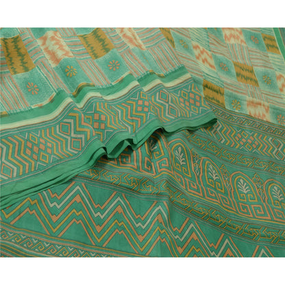 Sanskriti Vintage Sarees Indian Green 100% Pure Silk Printed Sari Craft Sustainable Fabric
