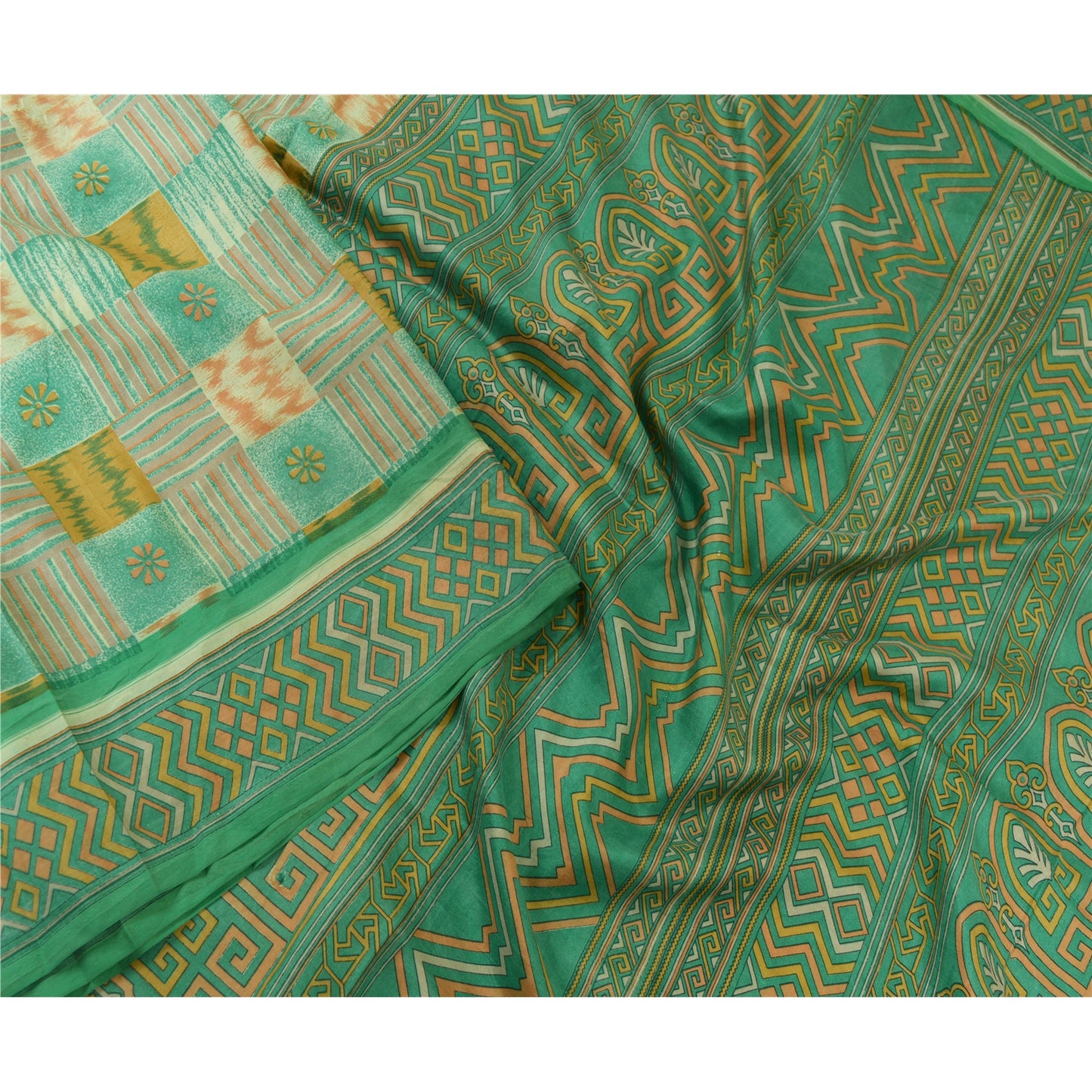 Sanskriti Vintage Sarees Indian Green 100% Pure Silk Printed Sari Craft Sustainable Fabric