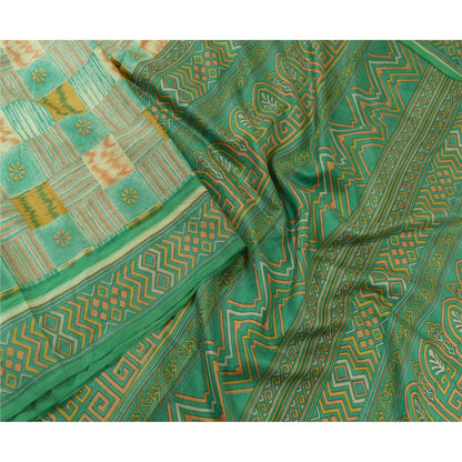 Sanskriti Vintage Sarees Indian Green 100% Pure Silk Printed Sari Craft Sustainable Fabric