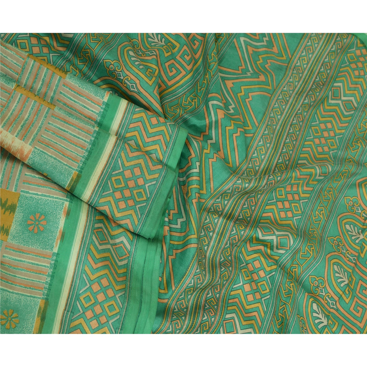 Sanskriti Vintage Sarees Indian Green 100% Pure Silk Printed Sari Craft Sustainable Fabric