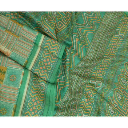 Sanskriti Vintage Sarees Indian Green 100% Pure Silk Printed Sari Craft Sustainable Fabric