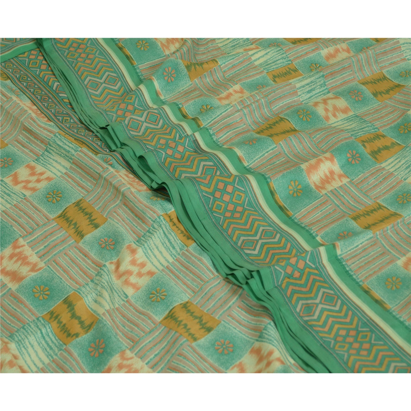 Sanskriti Vintage Sarees Indian Green 100% Pure Silk Printed Sari Craft Sustainable Fabric