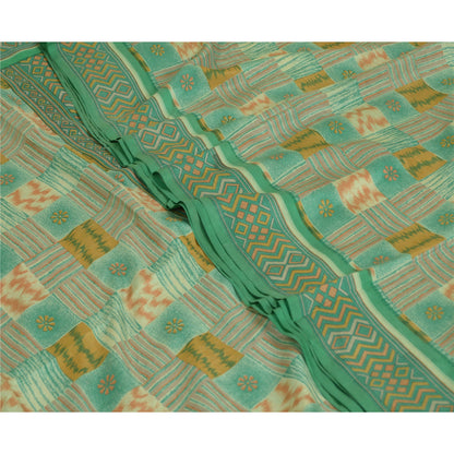 Sanskriti Vintage Sarees Indian Green 100% Pure Silk Printed Sari Craft Sustainable Fabric