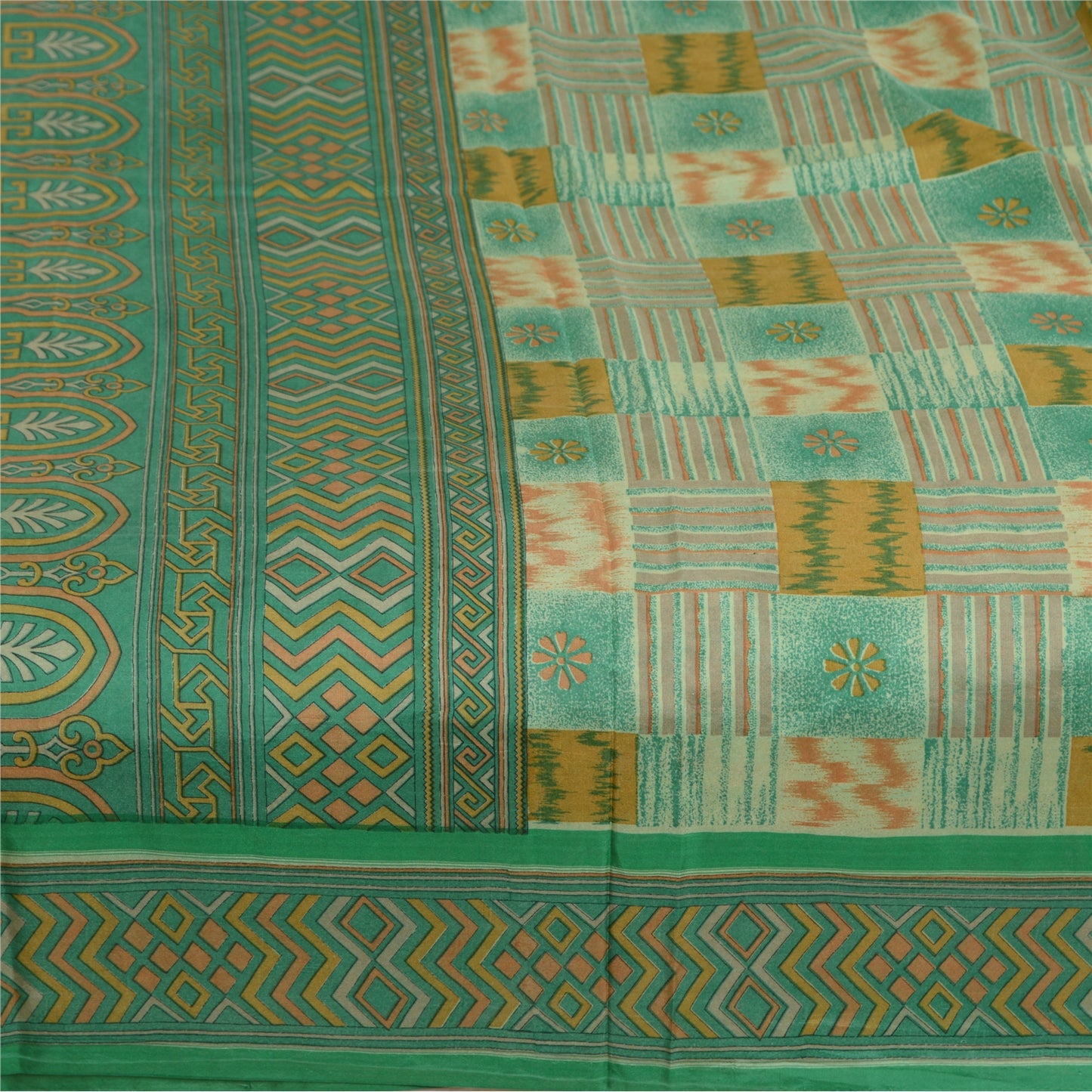 Sanskriti Vintage Sarees Indian Green 100% Pure Silk Printed Sari Craft Sustainable Fabric