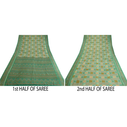 Sanskriti Vintage Sarees Indian Green 100% Pure Silk Printed Sari Craft Sustainable Fabric