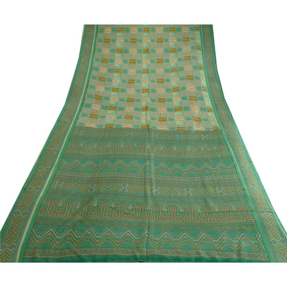 Sanskriti Vintage Sarees Indian Green 100% Pure Silk Printed Sari Craft Sustainable Fabric