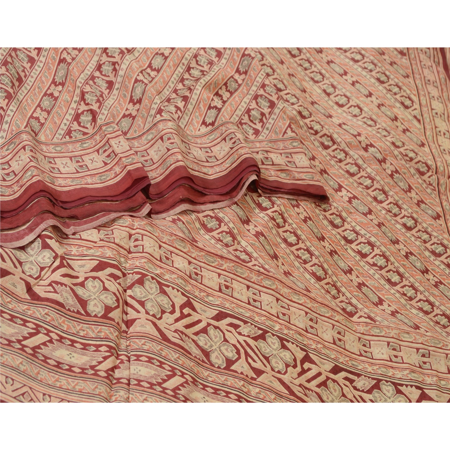 Sanskriti Vintage Sarees Dark Red Printed 100% Pure Silk Sari Soft Craft Sustainable Fabric