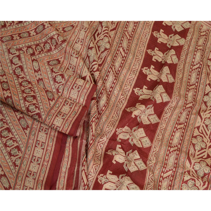 Sanskriti Vintage Sarees Dark Red Printed 100% Pure Silk Sari Soft Craft Sustainable Fabric