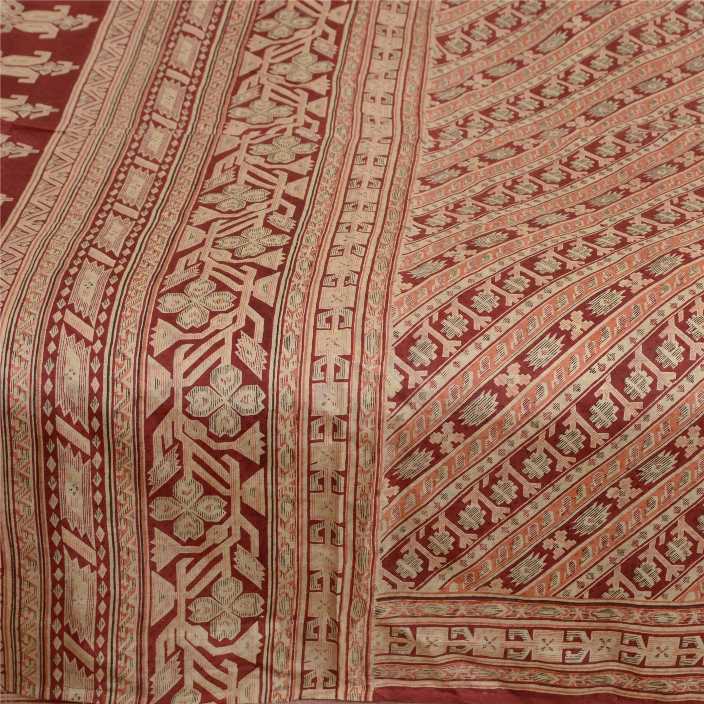 Sanskriti Vintage Sarees Dark Red Printed 100% Pure Silk Sari Soft Craft Sustainable Fabric