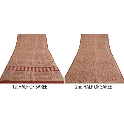 Sanskriti Vintage Sarees Dark Red Printed 100% Pure Silk Sari Soft Craft Sustainable Fabric