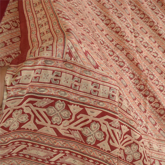 Sanskriti Vintage Sarees Dark Red Printed 100% Pure Silk Sari Soft Craft Sustainable Fabric