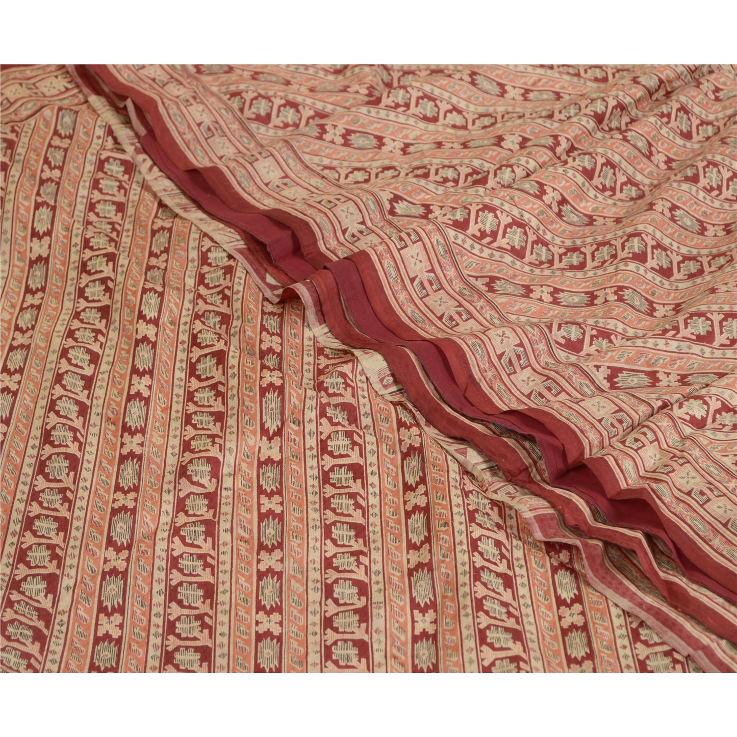 Sanskriti Vintage Sarees Dark Red Printed 100% Pure Silk Sari Soft Craft Sustainable Fabric