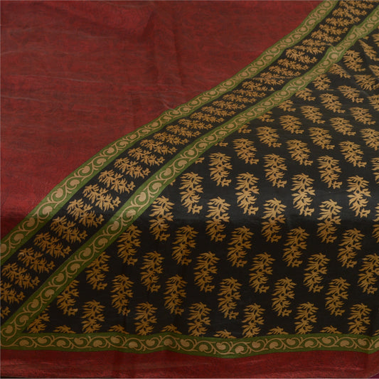 Sanskriti Vintage Sarees Black Block Printed 100% Pure Silk Sari Craft Sustainable Fabric