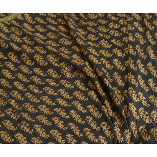 Sanskriti Vintage Sarees Black Block Printed 100% Pure Silk Sari Craft Sustainable Fabric