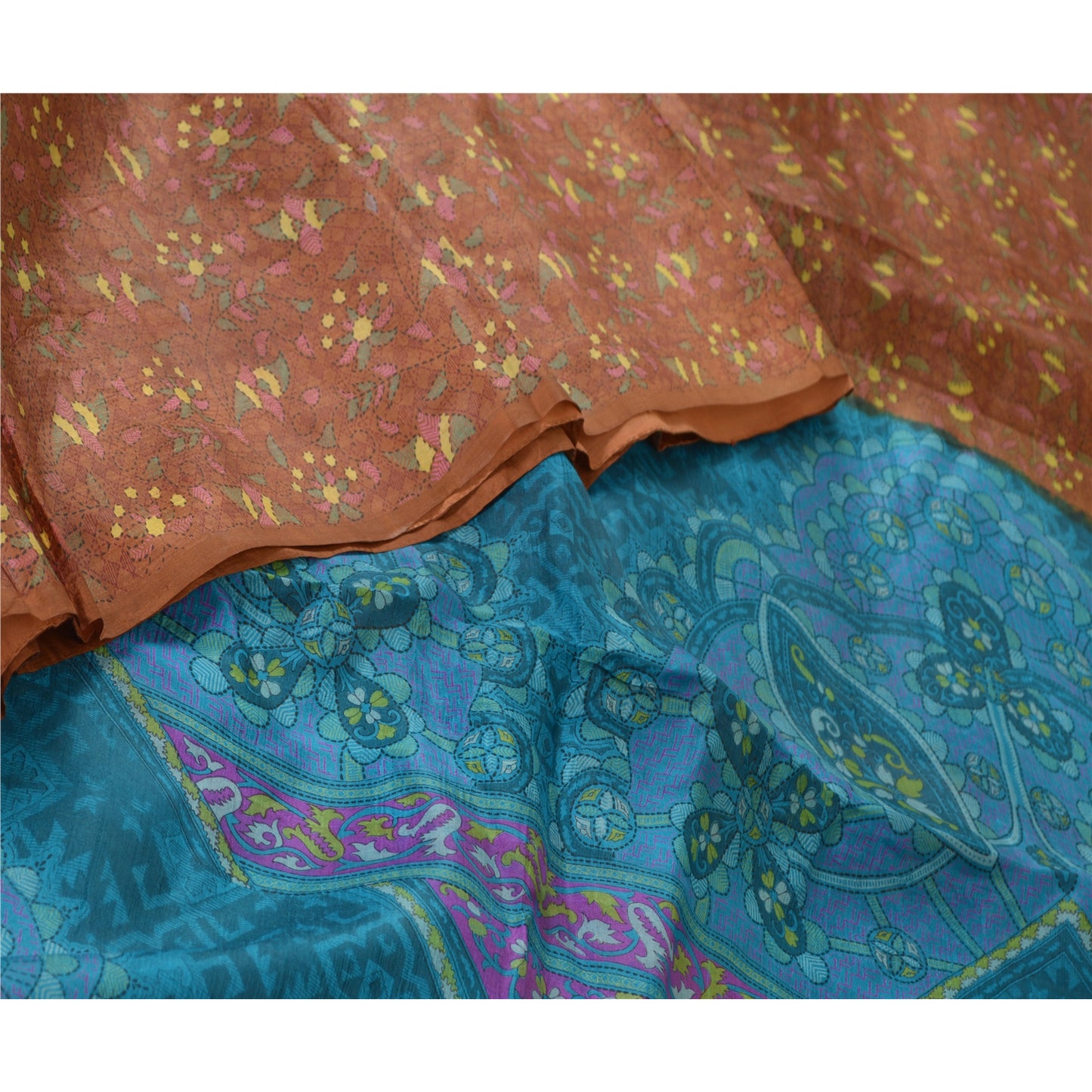 Сари в винтажном стиле на санскрите, коричневое/синее, кантха, чистый шелк, напечатанный на сари, ремесло, устойчивая ткань