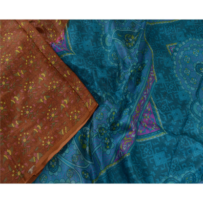 Сари в винтажном стиле на санскрите, коричневое/синее, кантха, чистый шелк, напечатанный на сари, ремесло, устойчивая ткань