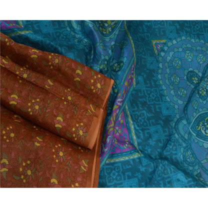 Сари в винтажном стиле на санскрите, коричневое/синее, кантха, чистый шелк, напечатанный на сари, ремесло, устойчивая ткань