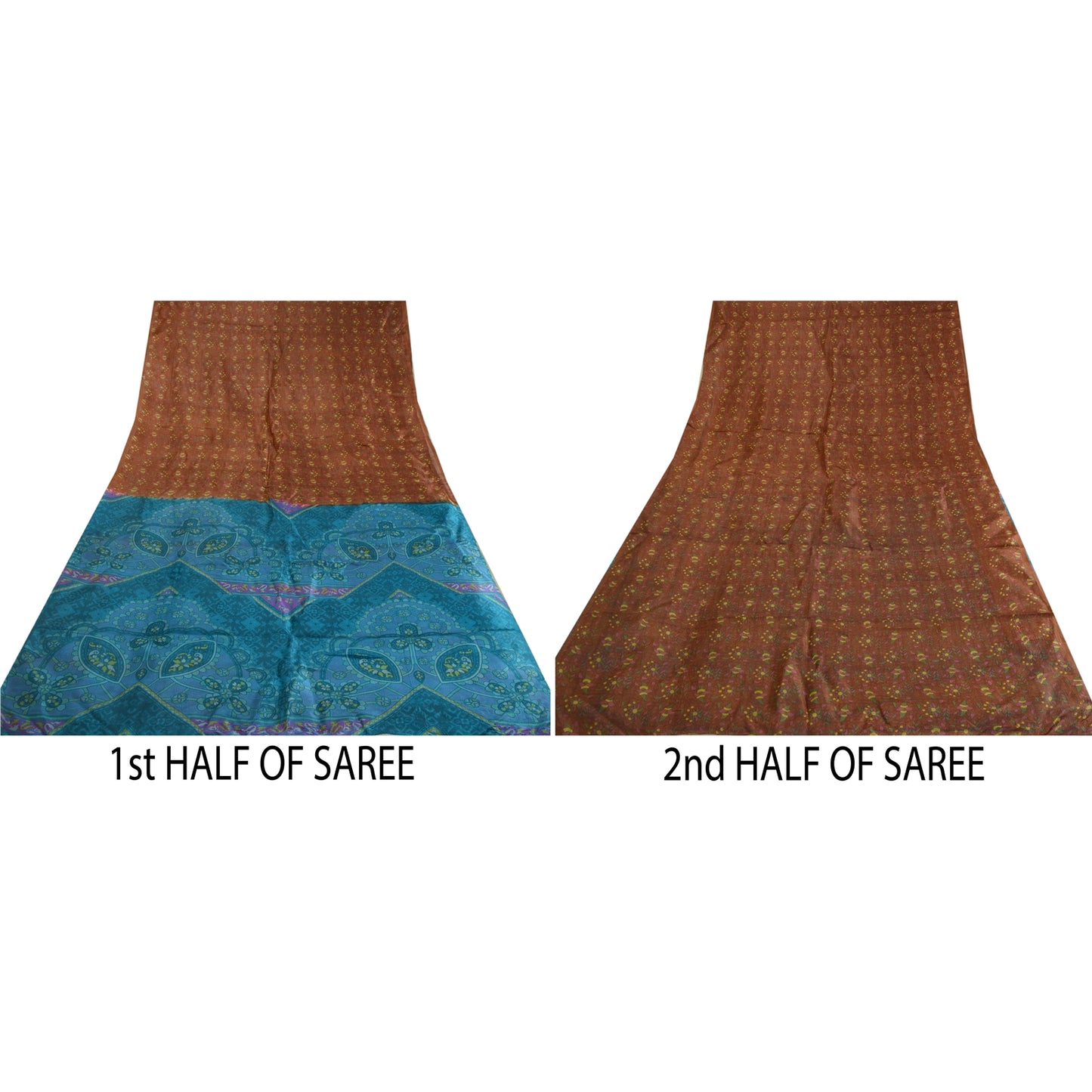 Сари в винтажном стиле на санскрите, коричневое/синее, кантха, чистый шелк, напечатанный на сари, ремесло, устойчивая ткань
