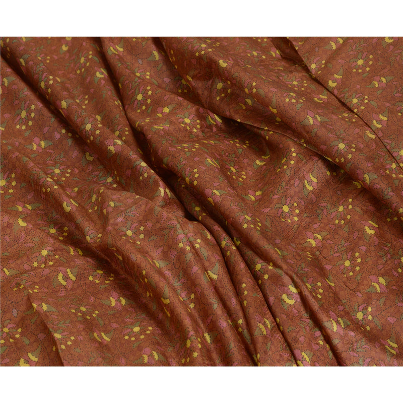 Sanskriti Vintage Saree 100% Pure Silk Printed Brown & Blue Sarees 5 Yd Craft Fabric Versatile Uses--Crafts Sewing Patchwork Kaftans,.