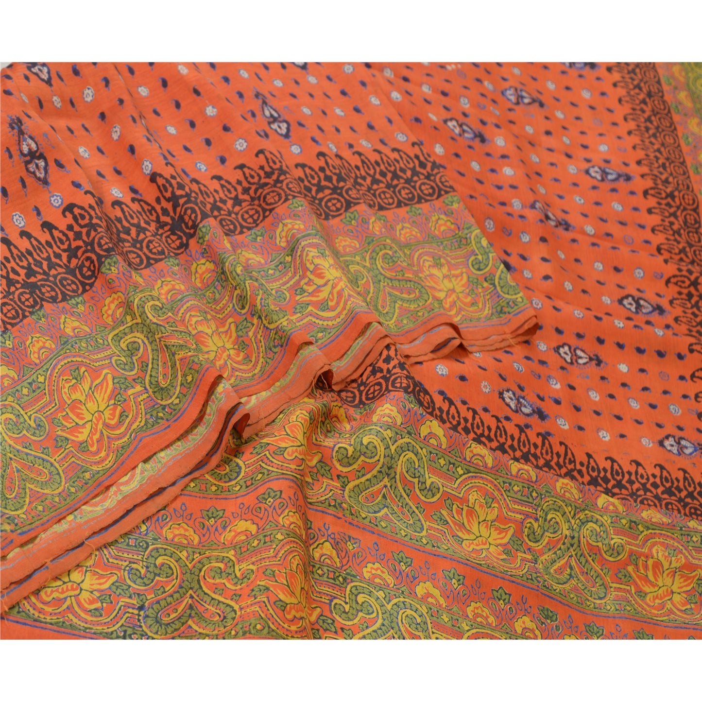 Sanskriti Vintage Sarees Orange Hand Block Printed Pure Silk Sari Craft Sustainable Fabric