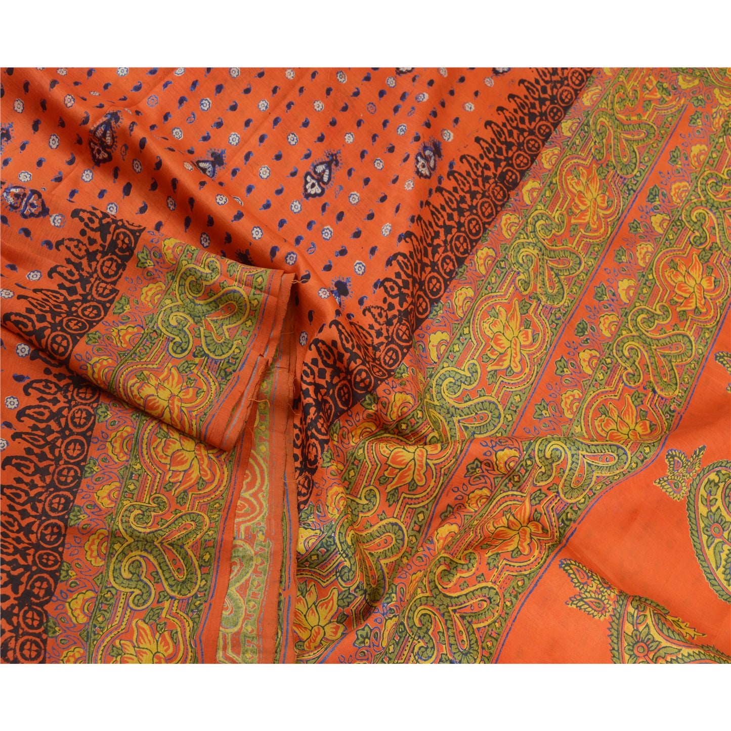 Sanskriti Vintage Sarees Orange Hand Block Printed Pure Silk Sari Craft Sustainable Fabric