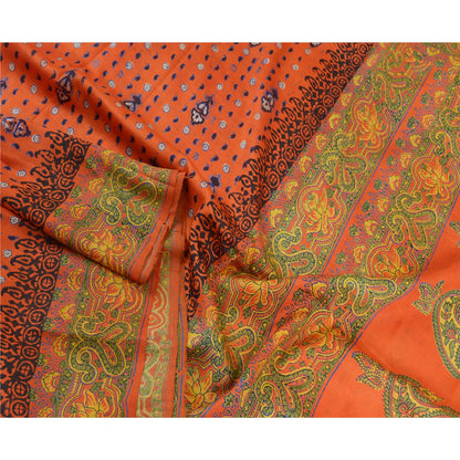 Sanskriti Vintage Sarees Orange Hand Block Printed Pure Silk Sari Craft Sustainable Fabric
