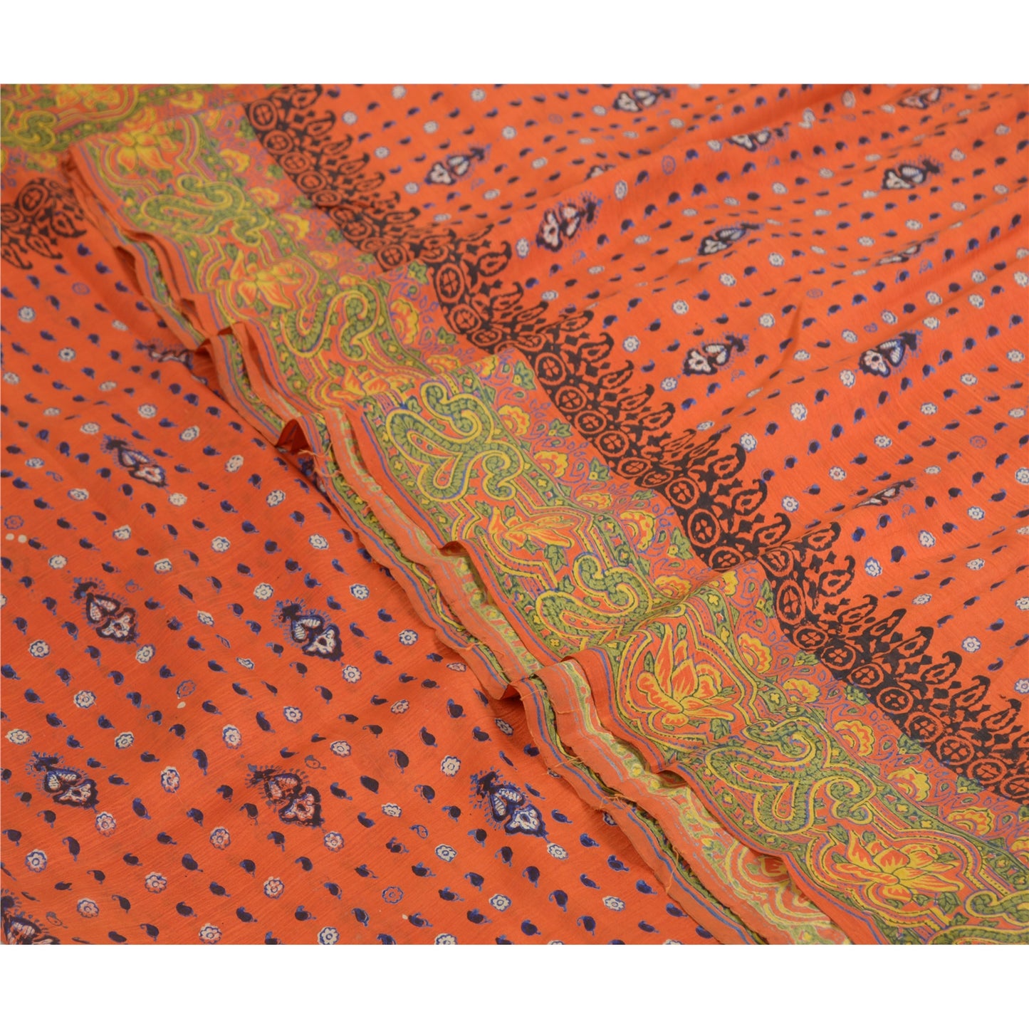 Sanskriti Vintage Sarees Orange Hand Block Printed Pure Silk Sari Craft Sustainable Fabric