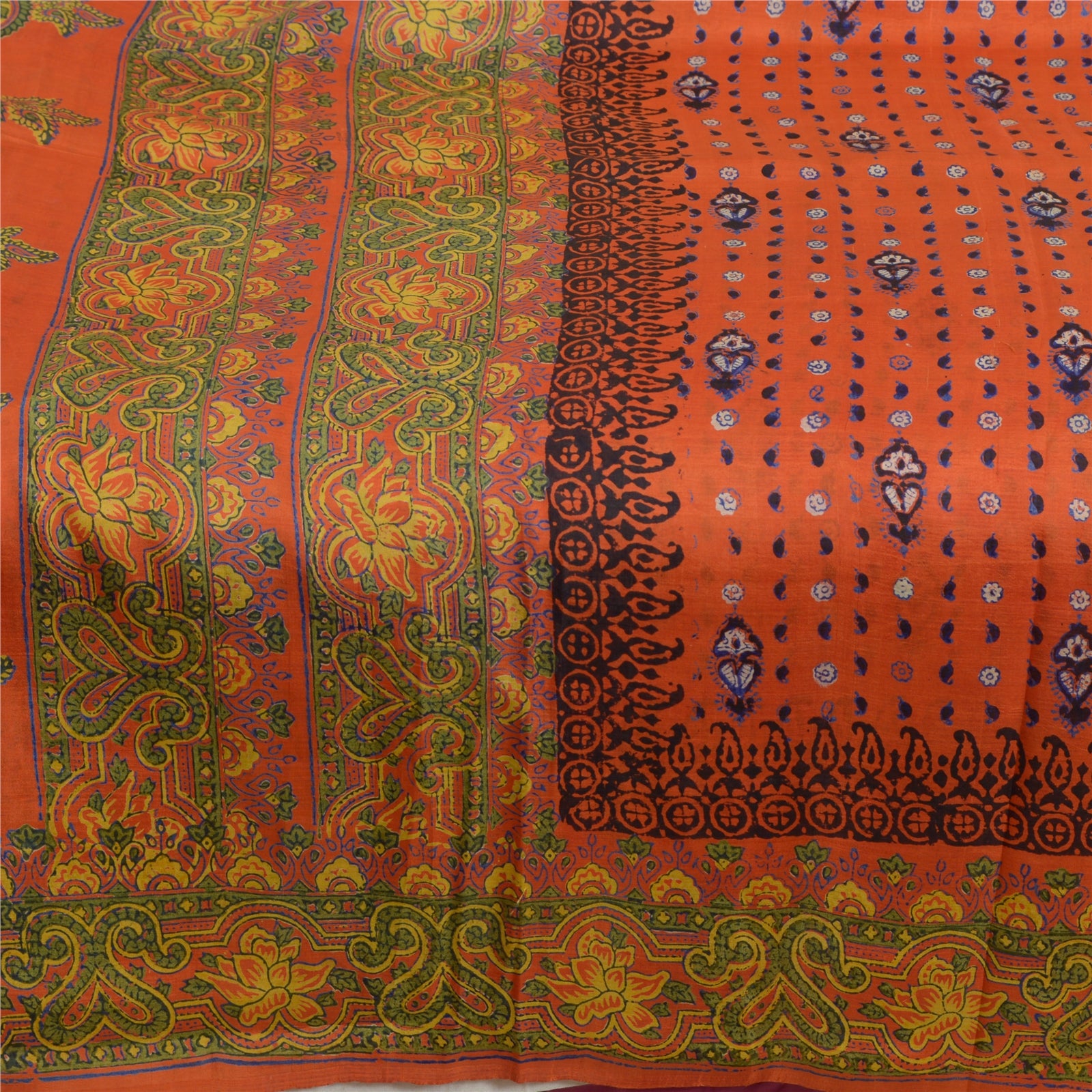 Sanskriti Vintage Sarees Orange Hand Block Printed Pure Silk Sari Craft Sustainable Fabric