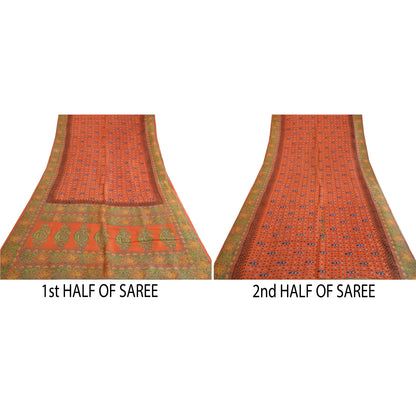 Sanskriti Vintage Sarees Orange Hand Block Printed Pure Silk Sari Craft Sustainable Fabric