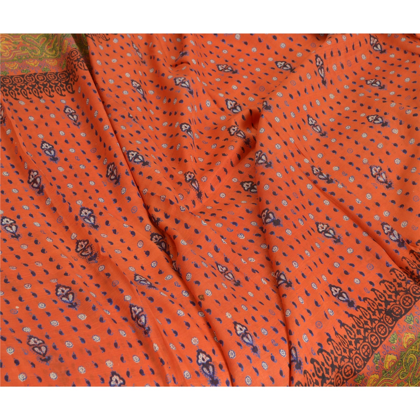 Sanskriti Vintage Sarees Orange Hand Block Printed Pure Silk Sari Craft Sustainable Fabric